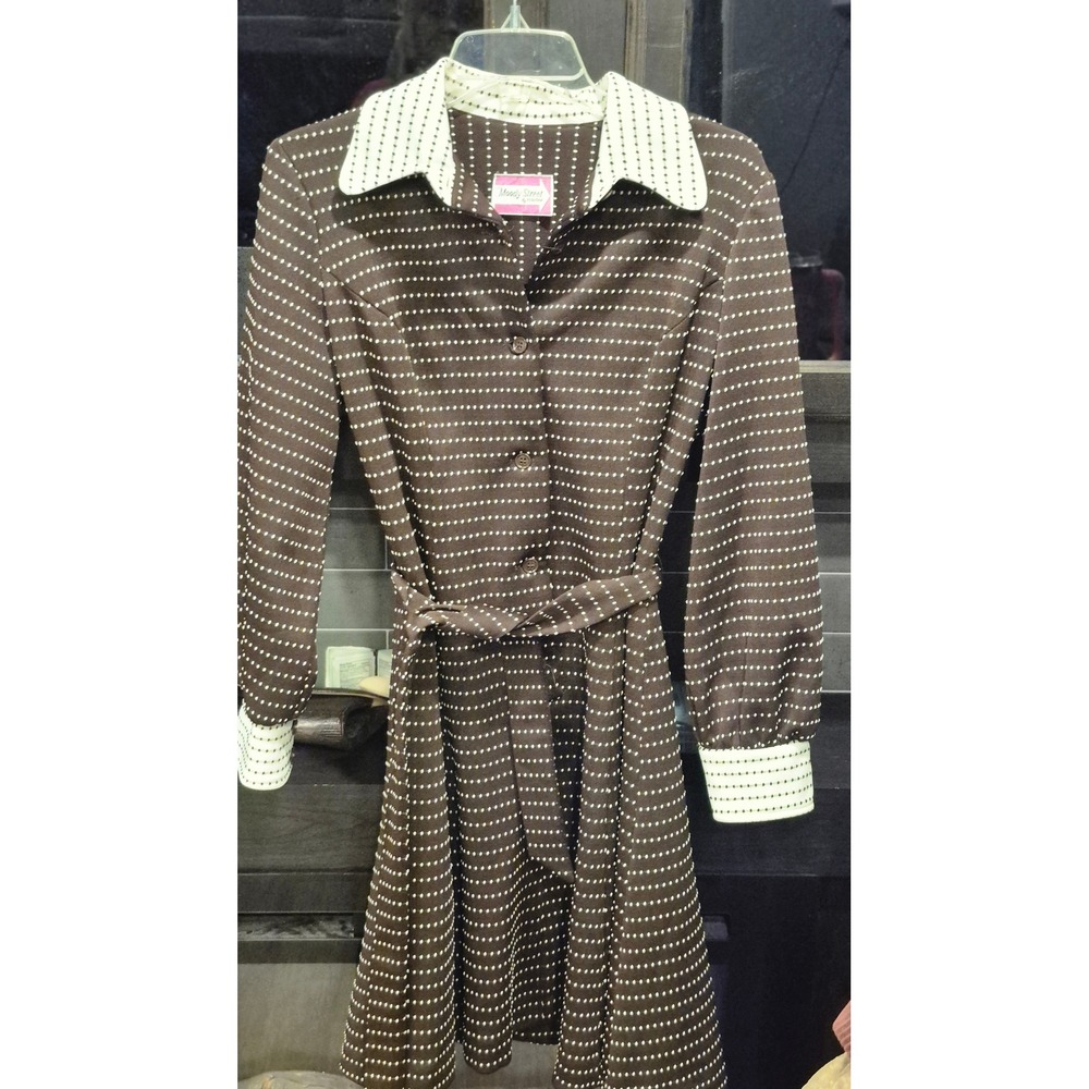 Vintage 70s Moody Street by Puritan Brown Dotted Mod Secretary Dress Belted - Picture 6 of 11